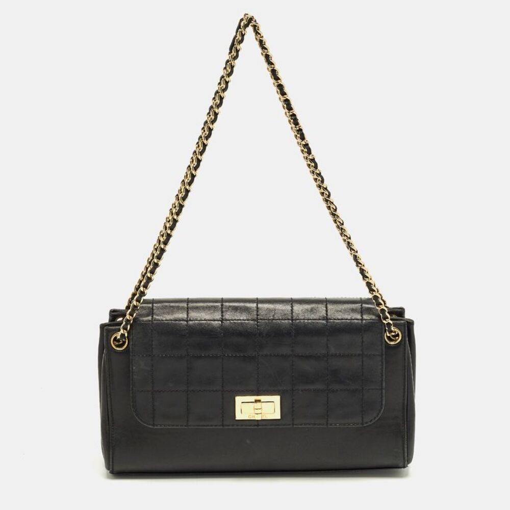 Chanel Accordion Flap Black Chocolate Bar Quilted Leather Bag